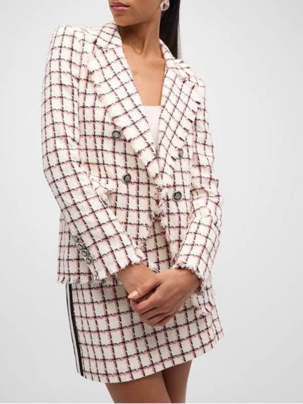 Veronica Beard Cream Tweed Blazer with Burgundy Grid Size 6 - New W/O tags